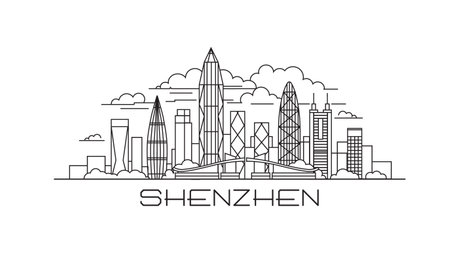 Shenzhen line style poster, banner, postcard, card for travel company, T-shirt, shirt. Shenzhen cartoon illustration. Modern lineart Shenzhen city illustration. Hand sketched drawing. EPS 10 vector illustration.のイラスト素材