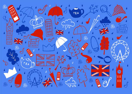 London cartoon illustration. London doodle drawing. Modern style London city illustration. Hand sketched poster, banner, postcard, card template for travel company, T-shirt, shirt. Vector EPS 10のイラスト素材