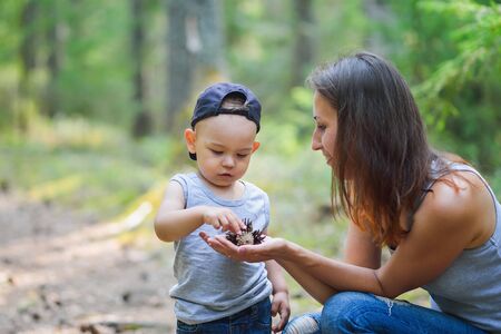 Mother and her little son discovering nature and looking on pine-tree cones.の写真素材