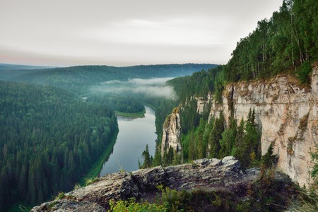 Beautiful summer landscape in the mountains. Sunrise. Russia, Ural, Usva Pillarsの写真素材
