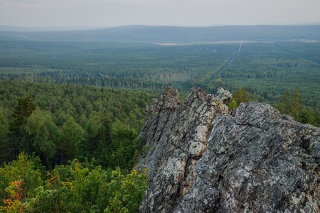 Amazing landscape with mountain range and beautiful blue sky at sunset, Russia, Ural, Europe - Asia boundary.の写真素材