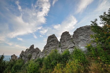 Amazing landscape with mountain range and beautiful blue sky at sunset, Russia, Ural, Europe - Asia boundary.の写真素材
