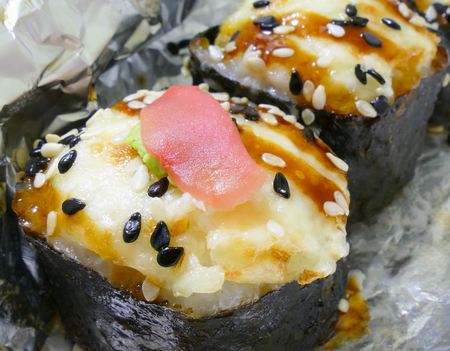 Baked rolls with crab, cheese, vegetables and special sauce, delicious , macro shoot.の写真素材
