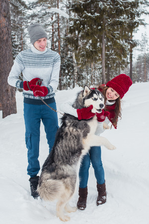 Young couple with a Husky dog walking in winter park, Man and woman hugging a dog.の写真素材