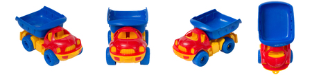 plastic childrens toy car, truck on a white backgroundの写真素材