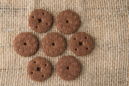 Chocolate chip cookies pattern shot on sack backgroundの写真素材