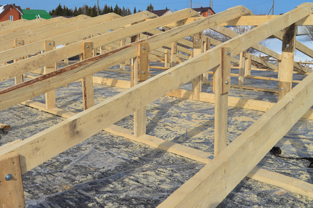 Wooden roofing construction frame, new roof skeletonの写真素材