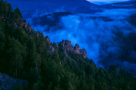Mountain Dreams, Scenic landscape with Mist at summer morning, Russia, Ural.の写真素材