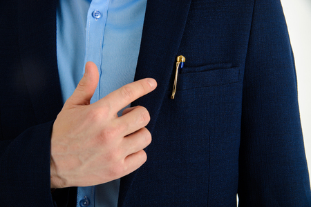 Businessman style, suit detail, metallic pen in pocket.の写真素材