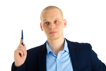 Portrait of Businessman using a pen, having new idea, showing or presenting something. Isolated over white background.の写真素材