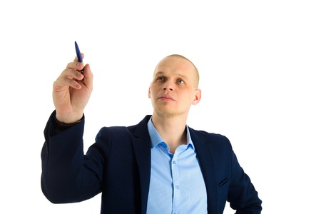 Portrait of Businessman using a pen, writing on invicible board, showing or presenting something. Isolated over white background.の写真素材