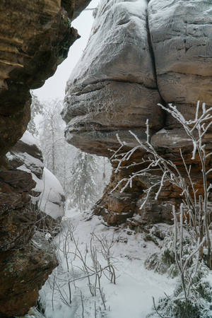 Famous national park Stone Town with beautiful rocks in winter, Russia, Perm region.の写真素材