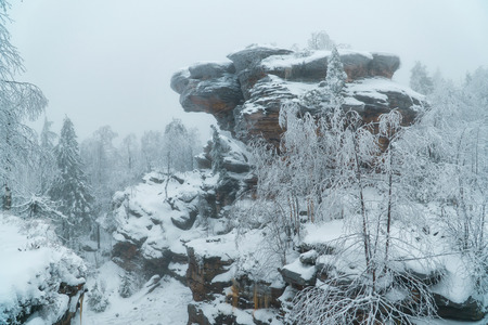 Famous national park Stone Town with beautiful rocks in winter, Russia, Perm region.の写真素材