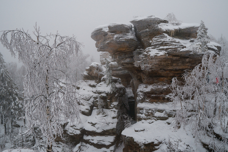 Famous national park Stone Town with beautiful rocks in winter, Russia, Perm region.の写真素材