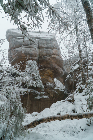 Famous national park Stone Town with beautiful rocks in winter, Russia, Perm region.の写真素材
