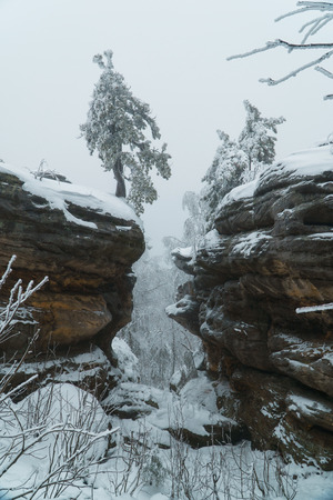 Famous national park Stone Town with beautiful rocks in winter, Russia, Perm region.の写真素材
