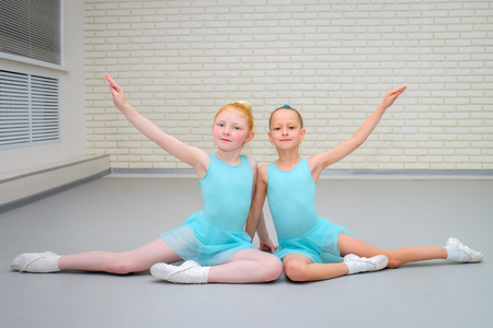 Group of cute little ballet dancers gracefully posing at dance school class.の写真素材