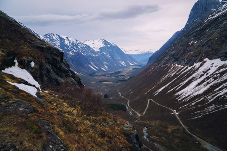 Trolls road in Norway - mountain route of Trollstigen, top view. Spring season.の写真素材