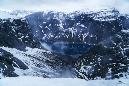 Amazing view from top of the moutain to Ringedalsvatnet Lake near Trolltunga in Norway. Early morning in may.の写真素材