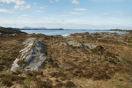 Rocky coast and Atlantic ocean, Beautiful landscape near Atlantic road in Norway in bright spring day.の写真素材