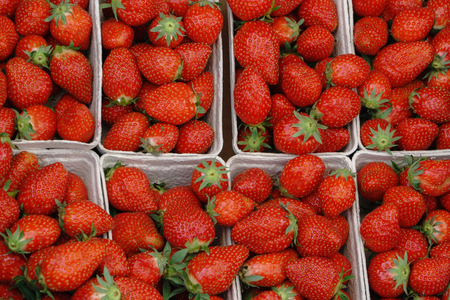 Baskets of fresh delicious Strawberries in store, closeup.の写真素材