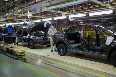 Izhevsk, Russia - December 14 2019: Assembly line production of new LADA Vesta car at Automobile Factory AVTOVAZ on December 14, 2019 in Izhevskのeditorial素材