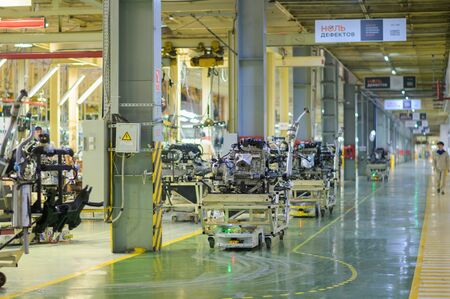 Izhevsk, Russia - December 14 2019: Assembly line production of new LADA Vesta car at Automobile Factory AVTOVAZ on December 14, 2019 in Izhevskのeditorial素材