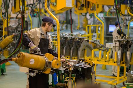 Izhevsk, Russia - December 14 2019: Assembly line production of new LADA Vesta car at Automobile Factory AVTOVAZ on December 14, 2019 in Izhevskのeditorial素材