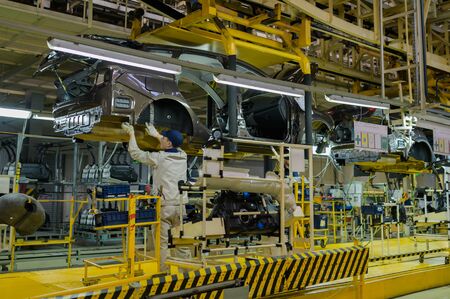 Izhevsk, Russia - December 14 2019: Assembly line production of new LADA Vesta car at Automobile Factory AVTOVAZ on December 14, 2019 in Izhevskのeditorial素材