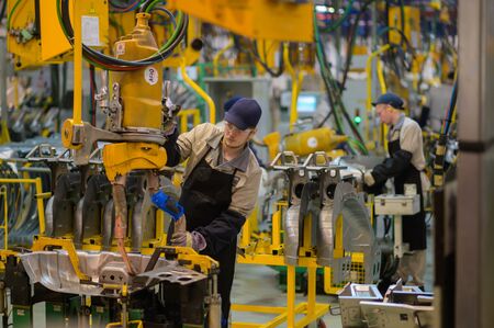 Izhevsk, Russia - December 14 2019: Assembly line production of new LADA Vesta car at Automobile Factory AVTOVAZ on December 14, 2019 in Izhevsk.のeditorial素材