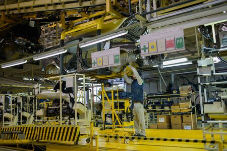 Izhevsk, Russia - December 14 2019: Assembly line production of new LADA Vesta car at Automobile Factory AVTOVAZ on December 14, 2019 in Izhevsk.のeditorial素材
