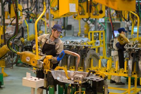 Izhevsk, Russia - December 14 2019: Assembly line production of new LADA Vesta car at Automobile Factory AVTOVAZ on December 14, 2019 in Izhevskのeditorial素材