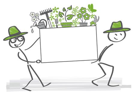 gardeners carry a box with plants and gardening toolsのイラスト素材