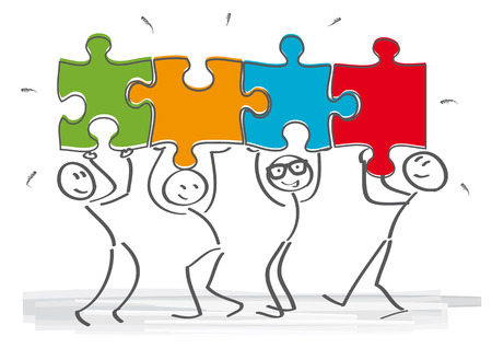 work together – stick figures with puzzle pieces