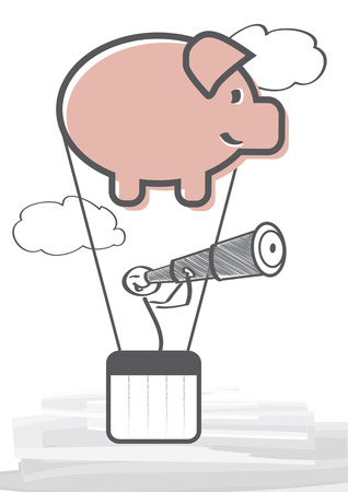 How to invest and make money. Saver in a piggy bank hot-air balloon with
telescopeのイラスト素材