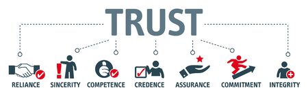 Banner with trust building vector icons. Reliance, sincerity, competence, credence, assurance, commitment and integrityのイラスト素材