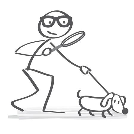 Search and analysis of information - stick figure with sniffer dog; and magnifying glassのイラスト素材