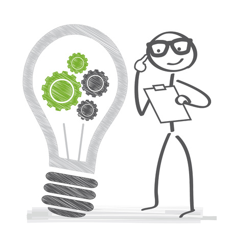 thought process - stick figure with light bulb and gears vector illustrationのイラスト素材