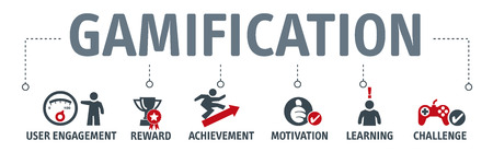 Banner gamification vector design concept with keywords and iconsのイラスト素材