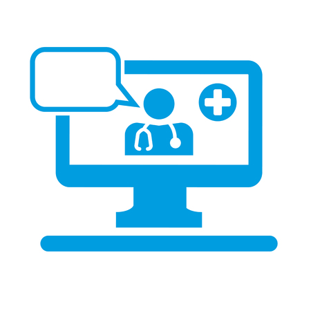 Tele medicine icon, doctor on the computer screen with stethoscope and speech bubble.のイラスト素材