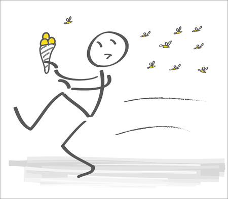 Swarm of wasps forces man to flee home. vector illustrationのイラスト素材