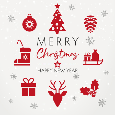 Christmas and New Year Typographical on shiny Xmas background with decorative christmas icons. Red and grey colorのイラスト素材