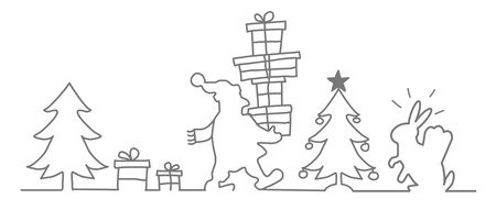 Merry Christmas. Santa Claus near the Christmas tree with gift. The easter bunny are wrong in the appointmentのイラスト素材