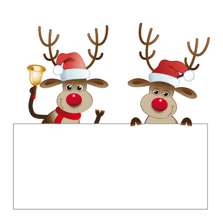 Two Reindeers with blank signboard. illustration of red-nosed Reindeers on white background pointing at a sign. Isolated.のイラスト素材