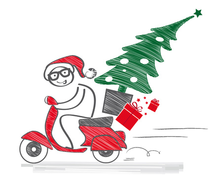 Santa Claus drives a moped and carries Christmas tree and presentsのイラスト素材