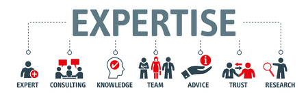 Expertise - icon set with the words "expert, consulting, knowledge, team, advice, trust and research" - vector illustration conceptのイラスト素材