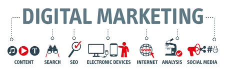 Vector Illustration concept of digital online marketing. Icons and symbols for content marketing, social media marketing, viral marketing, seo, website, keyword, advertise and internet marketingのイラスト素材