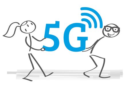 Two stick figures carry 5g symbol. Vector illustration concept