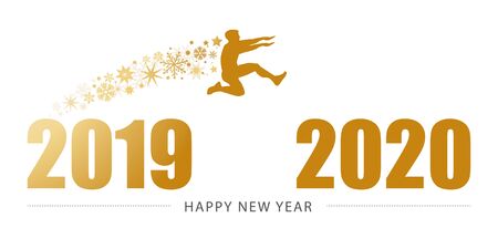 Man jump between 2019 and 2020 years. New Year's Eve - 
white and golden postcard happy new year 2020 vector illustrationのイラスト素材