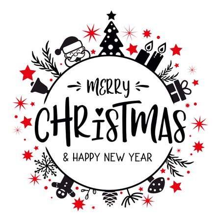 Merry Christmas and Happy New Year lettering template. Greeting card invitation with stars and Christmas symbols. Winter holidays related typographic quote. Vector vintage illustration. Red and black color on white backgroundのイラスト素材
